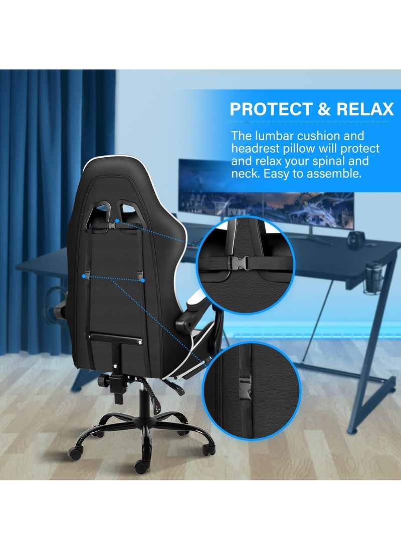 Black & White Gaming Chair with Footrest: Internet Cafe E-Sports Recliner - Comfortable Swivel Seat for Home Office and Computer Gaming