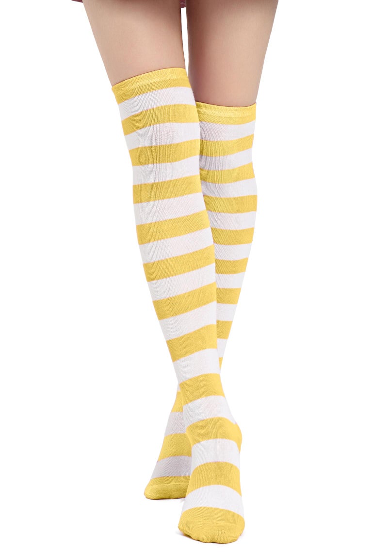 DAZCOS Striped Thigh High Socks Elastic Over The Knee Knit Stockings for Daily or Anime Cosplay (Yellow+White) - Image 1