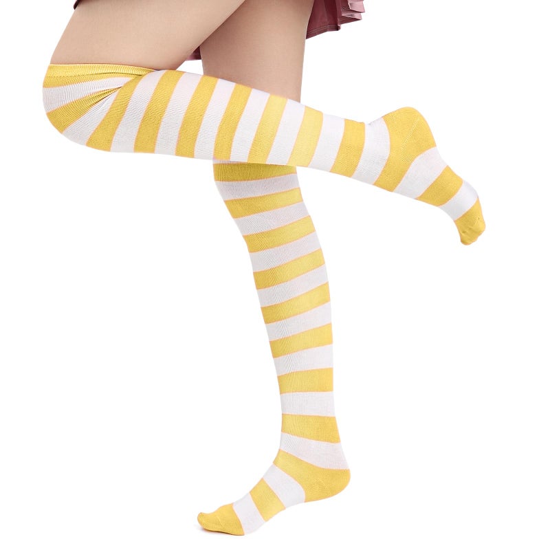 DAZCOS Striped Thigh High Socks Elastic Over The Knee Knit Stockings for Daily or Anime Cosplay (Yellow+White) - Image 2