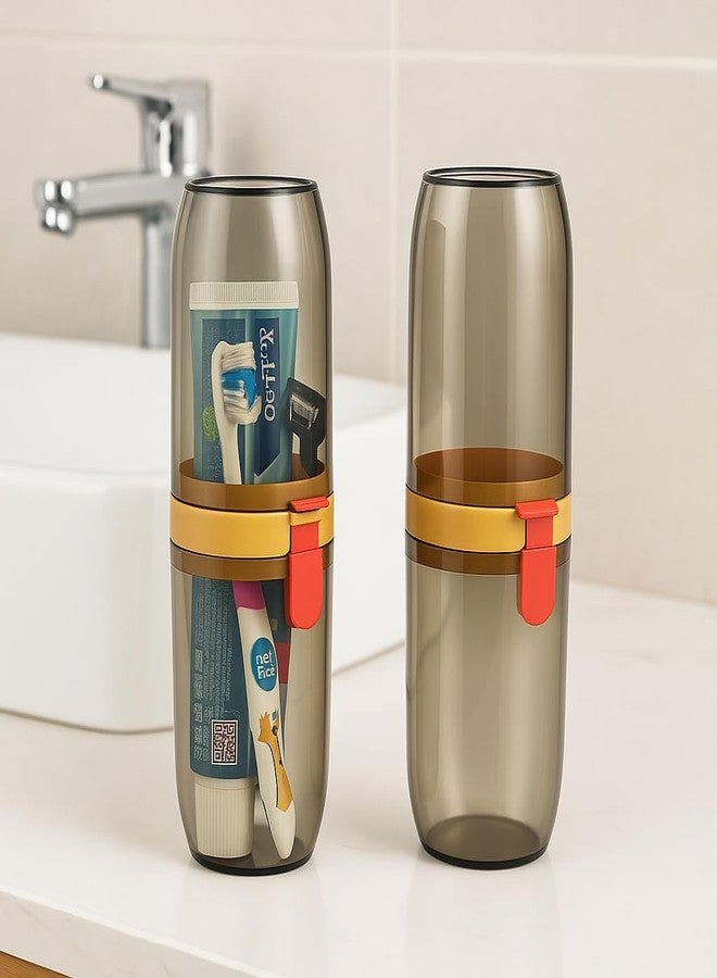 KITCHOOK Portable Travel Toothbrush Cup Holder with Storage Compartment, Transparent Design, Dual Compartment, Smoke Grey, Plastic, Matte Finish - Image 1