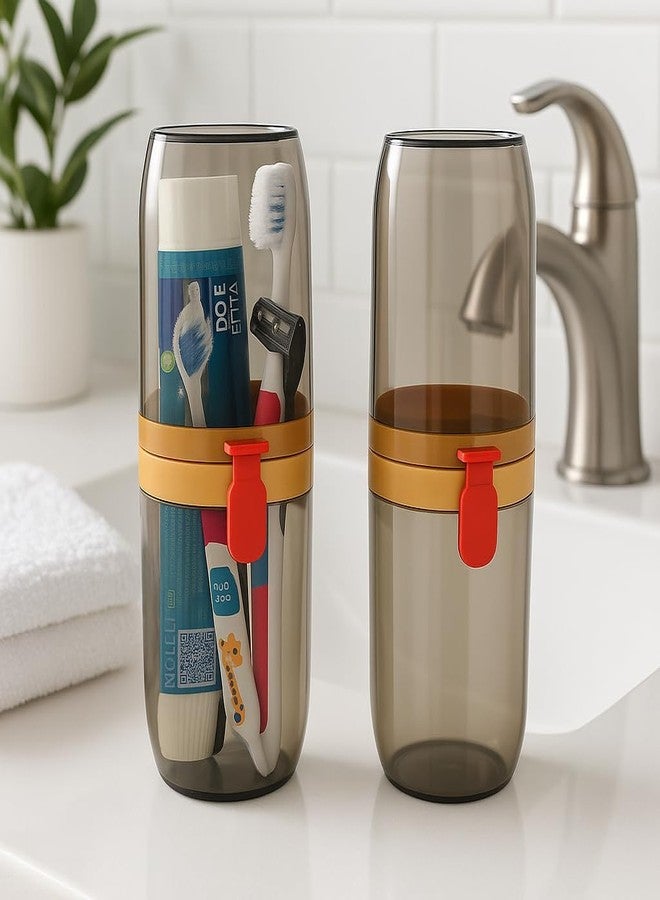 KITCHOOK Portable Travel Toothbrush Cup Holder with Storage Compartment, Transparent Design, Dual Compartment, Smoke Grey, Plastic, Matte Finish - Image 3
