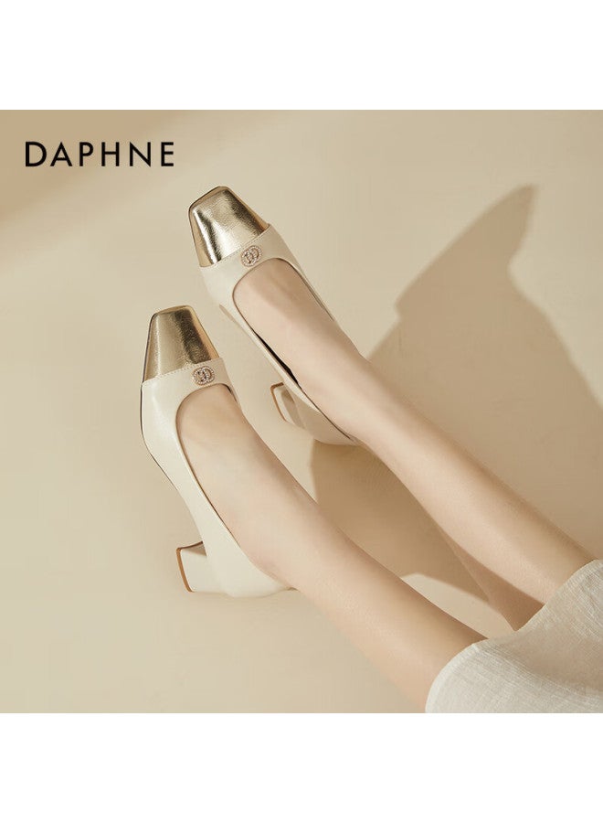 Daphne Women's Single Shoes, Square Toe, Chunky Heel, High Heels, Fashionable Color-block Soft Sole Casual Commuter Shoes For Women, Beige, Size 35 - Image 1