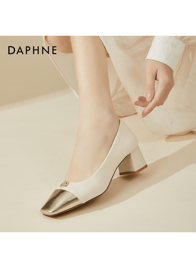 Daphne Women's Single Shoes, Square Toe, Chunky Heel, High Heels, Fashionable Color-block Soft Sole Casual Commuter Shoes For Women, Beige, Size 35 - Image 2