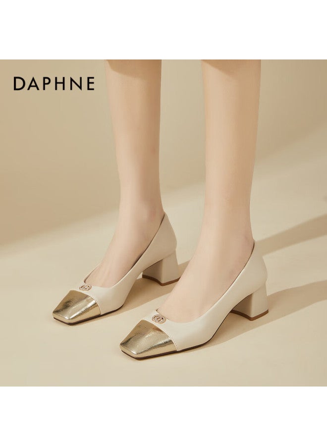 Daphne Women's Single Shoes, Square Toe, Chunky Heel, High Heels, Fashionable Color-block Soft Sole Casual Commuter Shoes For Women, Beige, Size 35 - Image 3