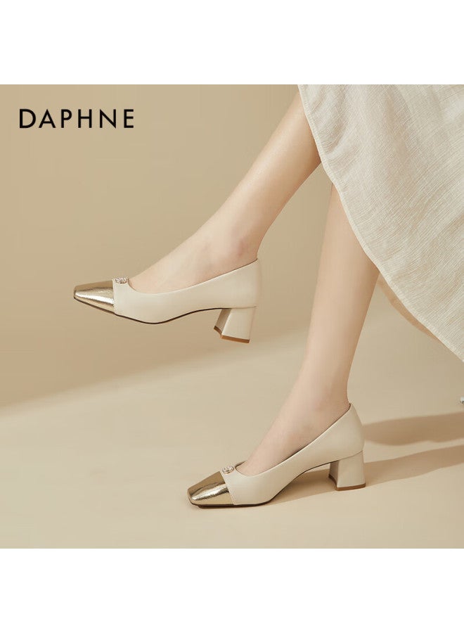 Daphne Women's Single Shoes, Square Toe, Chunky Heel, High Heels, Fashionable Color-block Soft Sole Casual Commuter Shoes For Women, Beige, Size 35 - Image 4