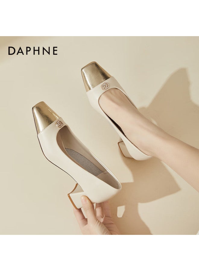 Daphne Women's Single Shoes, Square Toe, Chunky Heel, High Heels, Fashionable Color-block Soft Sole Casual Commuter Shoes For Women, Beige, Size 35 - Image 5