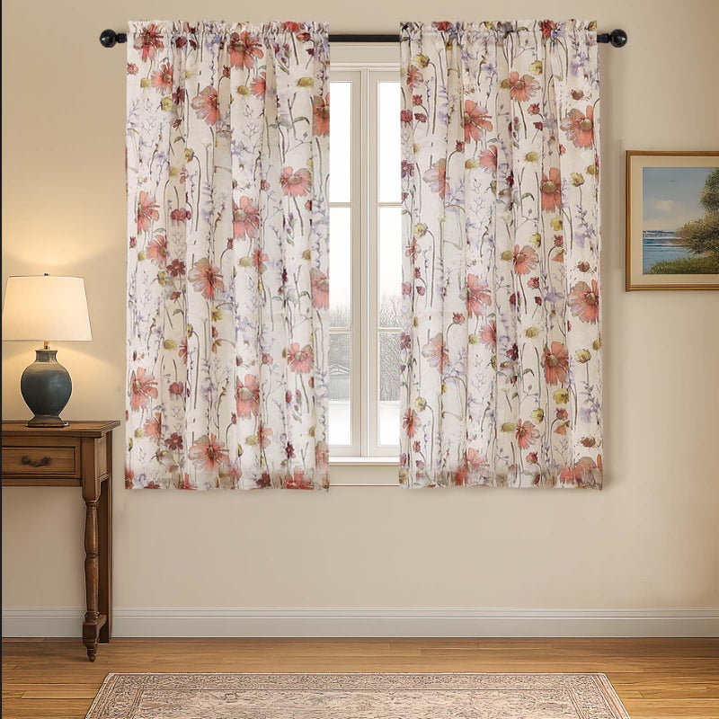 OVZME Printed Floral Short Curtains 45 Inches Length 2 Panels Set, Exquisite Farmhouse Style Crushed Texture Semi Sheer Drapes for Cafe Bedroom Living Room, Top Rod Pocket Design, 42Wx45L inches - Image 1