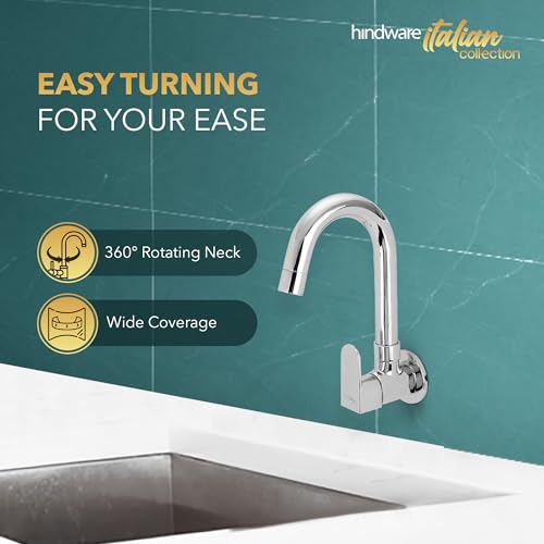 Hindware Italian Collection F340023CP Elegance Kitchen Sink Tap with Swivel Spout & Wall Flange (Wall Mounted), Brass with Chrome Finish, Kitchen Mixer Tap | 12-Year Manufacturer Warranty - Image 3