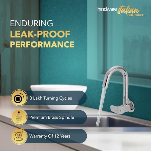 Hindware Italian Collection F340023CP Elegance Kitchen Sink Tap with Swivel Spout & Wall Flange (Wall Mounted), Brass with Chrome Finish, Kitchen Mixer Tap | 12-Year Manufacturer Warranty - Image 4