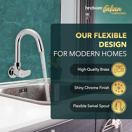 Hindware Italian Collection F340023CP Elegance Kitchen Sink Tap with Swivel Spout & Wall Flange (Wall Mounted), Brass with Chrome Finish, Kitchen Mixer Tap | 12-Year Manufacturer Warranty - Image 2