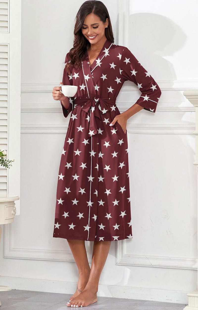 PrinStory Womens Robe Long Kint Bathrobe Lightweight Soft Robes Ladies Bath Robe FP-Wine Red WH Star-L - Image 3