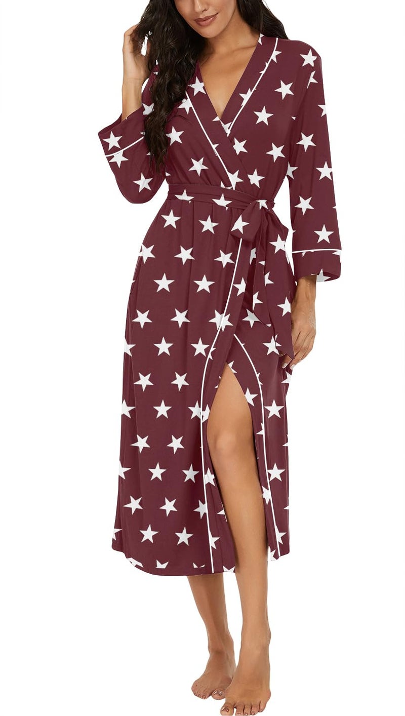 PrinStory Womens Robe Long Kint Bathrobe Lightweight Soft Robes Ladies Bath Robe FP-Wine Red WH Star-L - Image 1