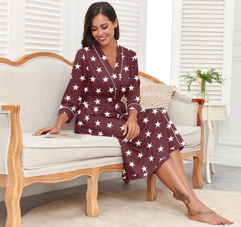 PrinStory Womens Robe Long Kint Bathrobe Lightweight Soft Robes Ladies Bath Robe FP-Wine Red WH Star-L - Image 4