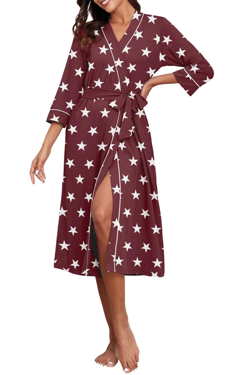 PrinStory Womens Robe Long Kint Bathrobe Lightweight Soft Robes Ladies Bath Robe FP-Wine Red WH Star-L - Image 2