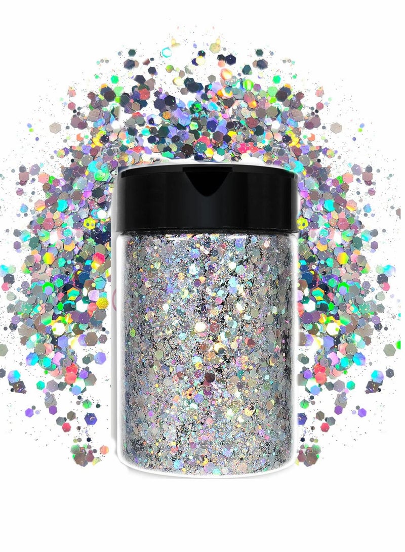 Excefore Holographic Chunky Glitter, 3.5oz/ 100g Silver Craft Glitter Powder Mixed Chunky Fine Flakes Iridescent Nail Sequins for Nail Art, Hair, Epoxy Resin, Tumblers, Slime, Painting, Festival Decor - Image 1