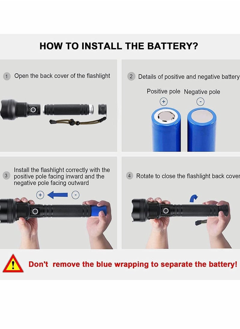 90000 Lumens Rechargeable LED Flashlights Super Bright Zoomable Waterproof Flashlight Powerful Handheld Flashlight Included 3 Modes for Camping Emergencies