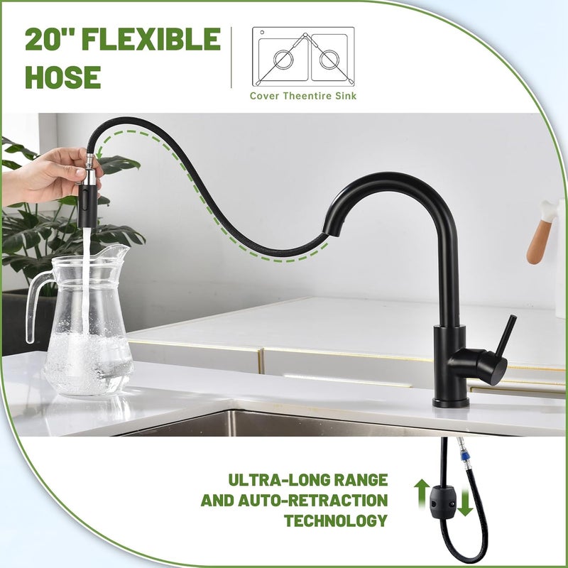DAYONE Matte Black Bar Sink Faucet for Kitchen Tap with Pull Down Sprayer, Modern Single Handle Stainless Steel RV Sink Mixer 360°-Swivel - Image 5