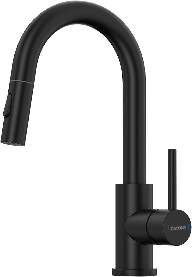 DAYONE Matte Black Bar Sink Faucet for Kitchen Tap with Pull Down Sprayer, Modern Single Handle Stainless Steel RV Sink Mixer 360°-Swivel - Image 1