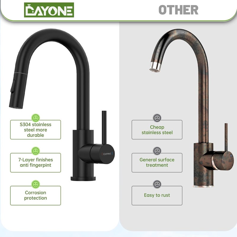 DAYONE Matte Black Bar Sink Faucet for Kitchen Tap with Pull Down Sprayer, Modern Single Handle Stainless Steel RV Sink Mixer 360°-Swivel - Image 3