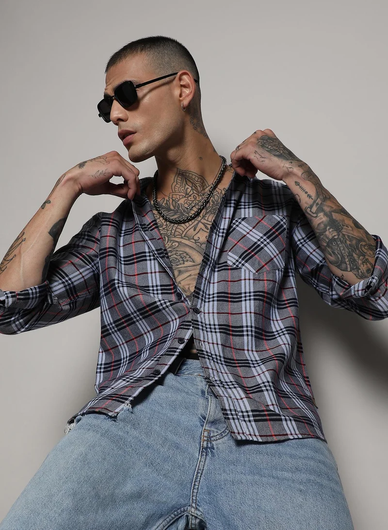Campus Sutra Men's Dark Grey Tartan Plaid Shirt