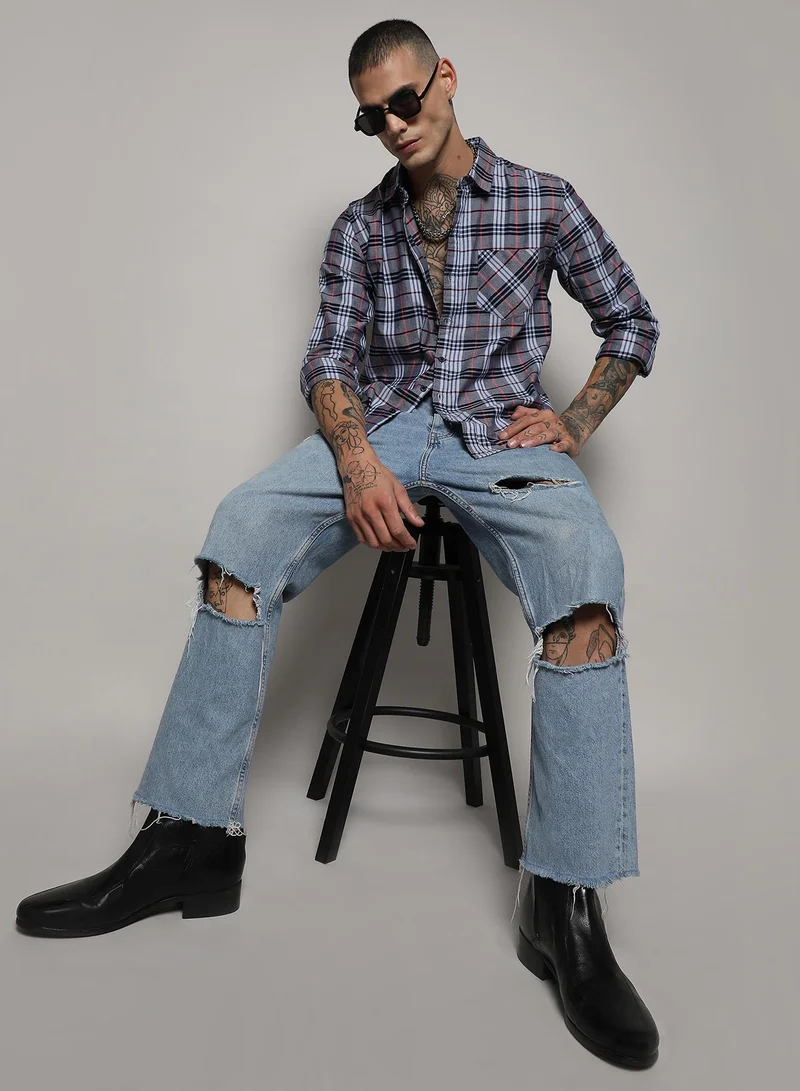 Campus Sutra Men's Dark Grey Tartan Plaid Shirt