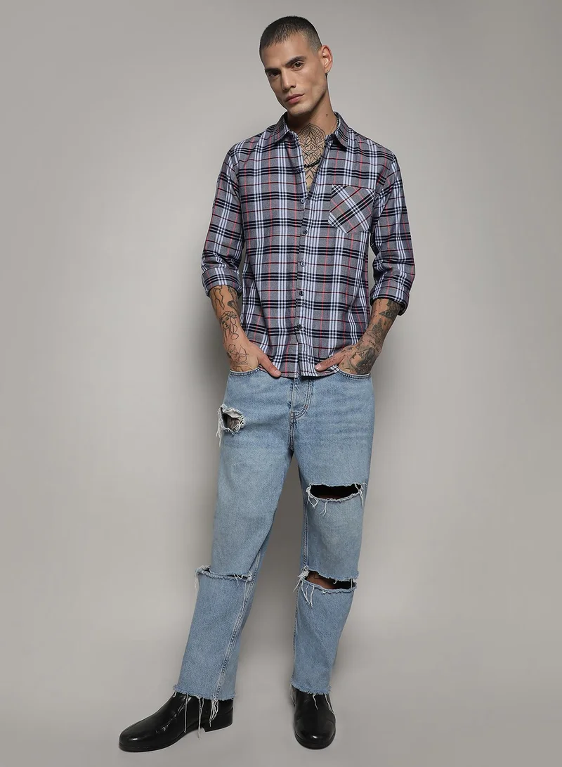 Campus Sutra Men's Dark Grey Tartan Plaid Shirt