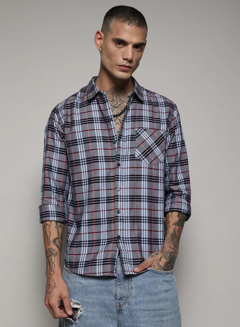 Campus Sutra Men's Dark Grey Tartan Plaid Shirt