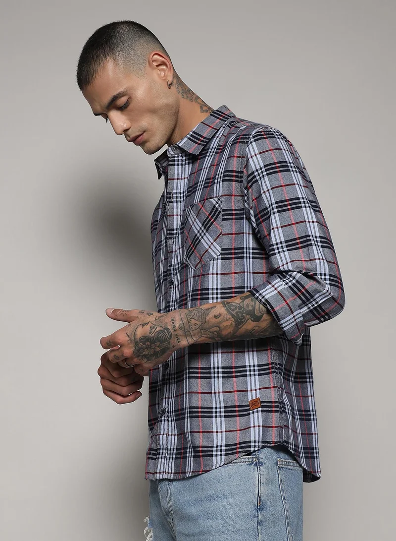 Campus Sutra Men's Dark Grey Tartan Plaid Shirt