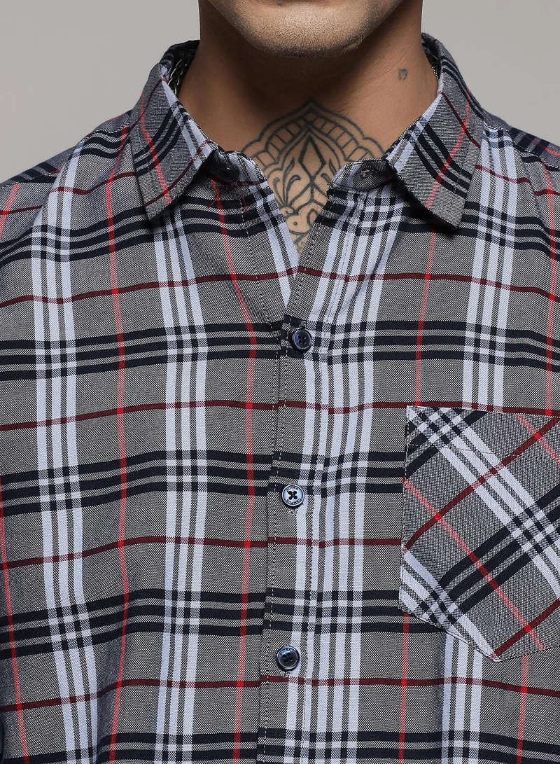 Campus Sutra Men's Dark Grey Tartan Plaid Shirt