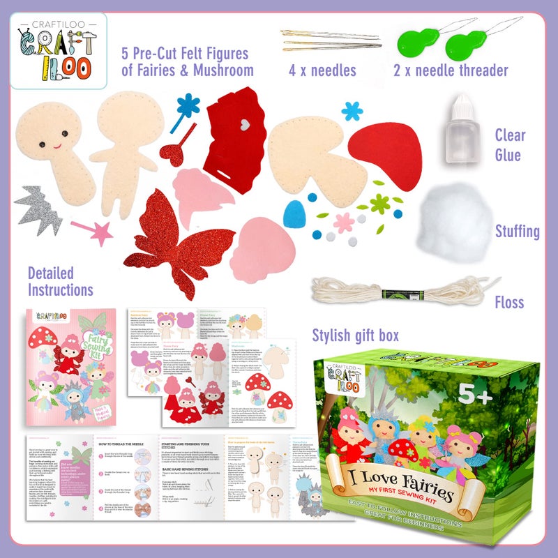CRAFTILOO Fairy Sewing Kits for Little Girls 5 Easy Projects for Children Beginners Sewing kit Kid Crafts Make Your Own Felt Pillow Plush Craft Kit My First Sewing Kit Learn to Sew Kit - Image 5