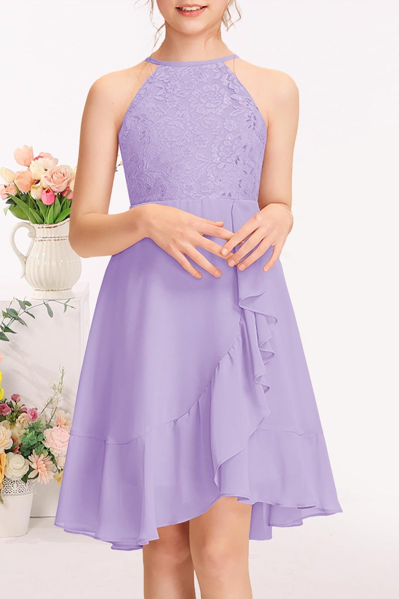MITILLY Girls Lace Flower Ruffle Dress Chiffon Halter A Line High Low Flowy Junior Bridesmaid Dresses for Wedding Party 12 Years Purple - Image 2