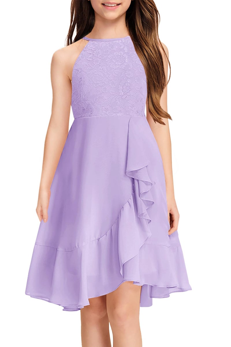 MITILLY Girls Lace Flower Ruffle Dress Chiffon Halter A Line High Low Flowy Junior Bridesmaid Dresses for Wedding Party 12 Years Purple - Image 1
