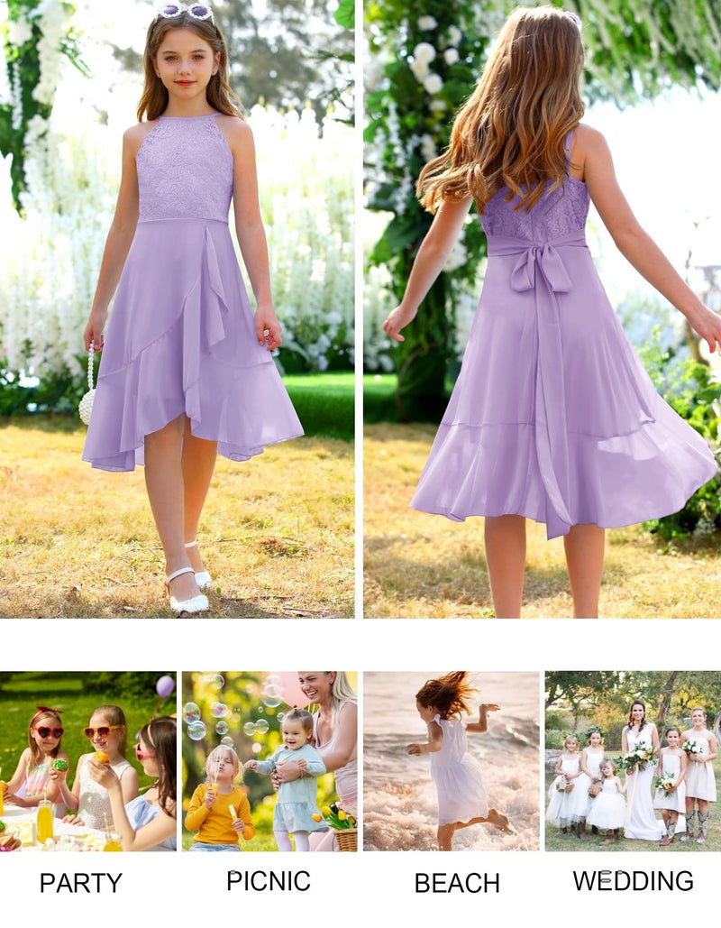 MITILLY Girls Lace Flower Ruffle Dress Chiffon Halter A Line High Low Flowy Junior Bridesmaid Dresses for Wedding Party 12 Years Purple - Image 5