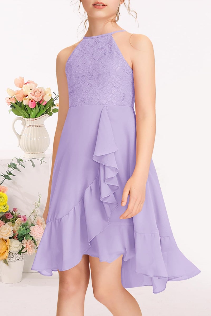 MITILLY Girls Lace Flower Ruffle Dress Chiffon Halter A Line High Low Flowy Junior Bridesmaid Dresses for Wedding Party 12 Years Purple - Image 3