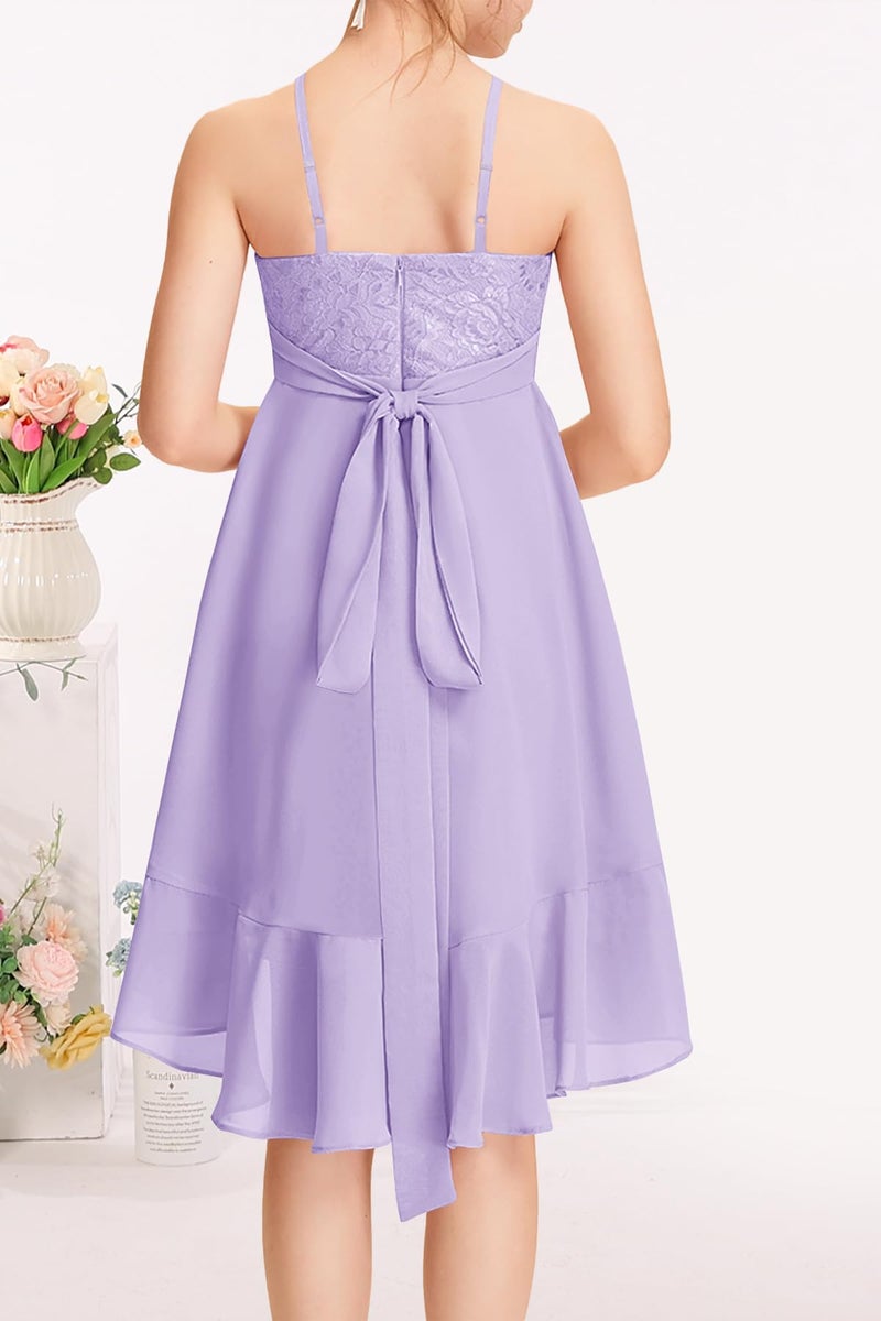 MITILLY Girls Lace Flower Ruffle Dress Chiffon Halter A Line High Low Flowy Junior Bridesmaid Dresses for Wedding Party 12 Years Purple - Image 4
