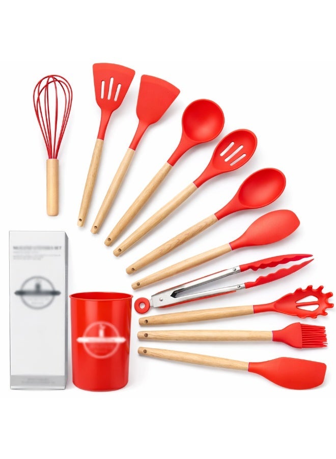 O2. Red 12-Piece Silicone Kitchen Utensil Set with Wooden Handles & Holder – Heat Resistant Cooking Tools Set - Image 1