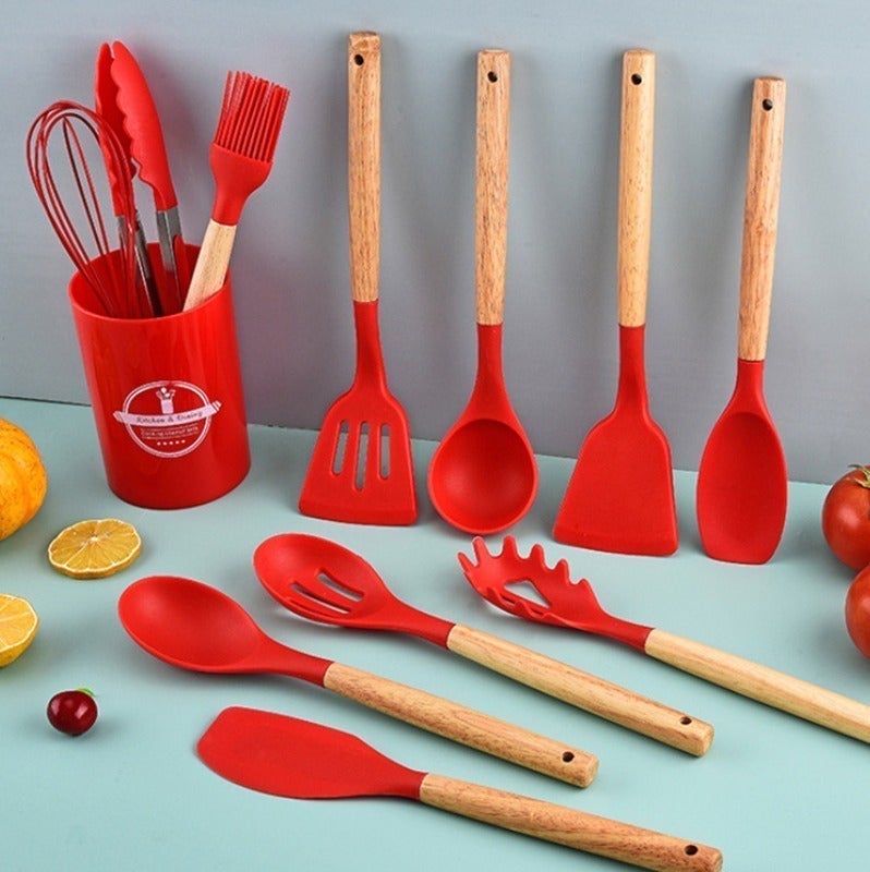 O2. Red 12-Piece Silicone Kitchen Utensil Set with Wooden Handles & Holder – Heat Resistant Cooking Tools Set - Image 3