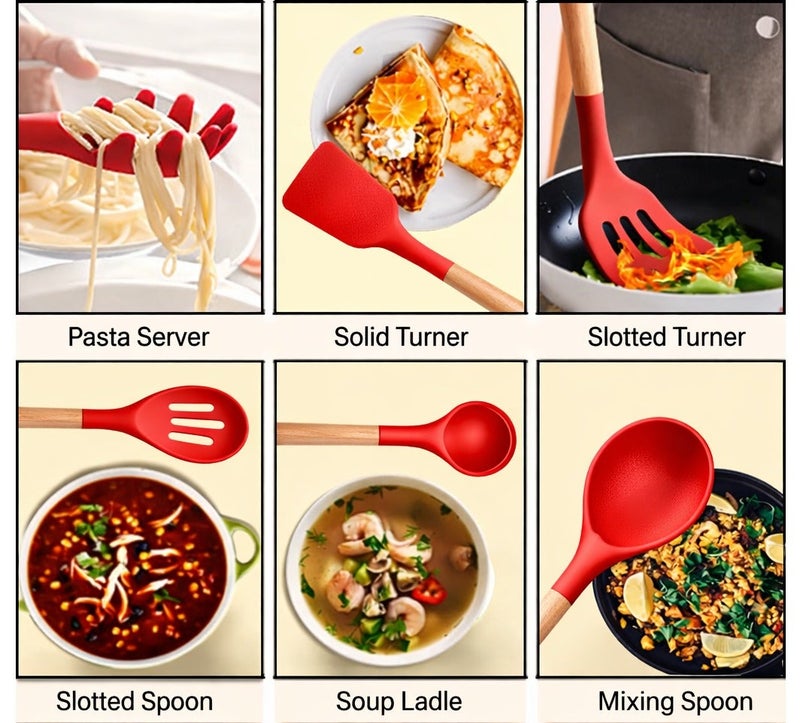 O2. Red 12-Piece Silicone Kitchen Utensil Set with Wooden Handles & Holder – Heat Resistant Cooking Tools Set - Image 4