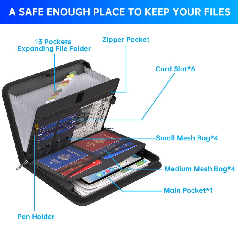 ENGPOW Accordion File Organizer, Fireproof Expanding File Folder with 13 Pockets Document Organizer with Handle & Labels, Portable Home Travel Safe Storage for Letter A4 Files and More, Black - Image 5