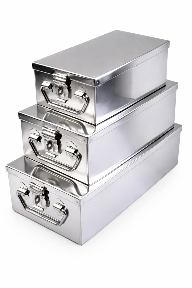 JOWEL Stainless Steel Locker Boxes Jewellery Boxes Cash Peti Set (Multi_Pack of 3) Size - 8 Inch, 10 Inch, 12 Inch - Image 1