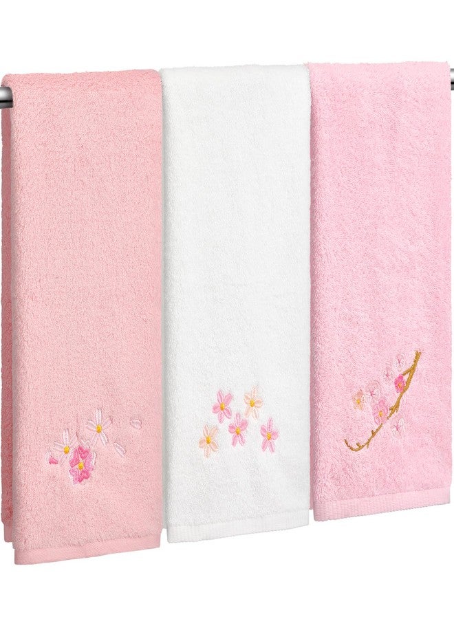 Remagr 3 Pcs Floral Hand Towels Set 100% Cotton White Pink Cherry Blossom Towel Sakura Embroidered Decorative Spring Summer Soft Absorbent Bath Towels Housewarming Gifts for Spa Guest Kitchen Bathroom - Image 1