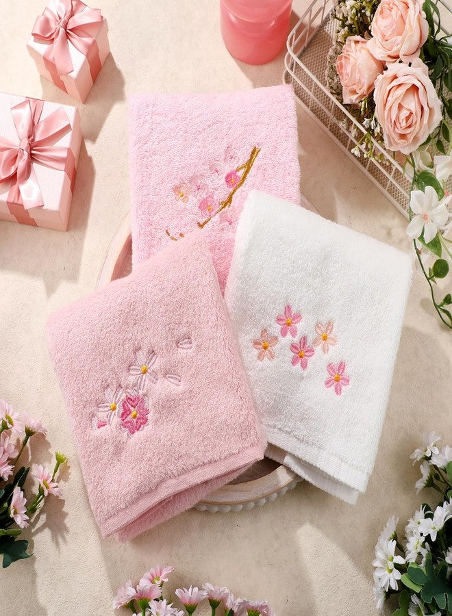 Remagr 3 Pcs Floral Hand Towels Set 100% Cotton White Pink Cherry Blossom Towel Sakura Embroidered Decorative Spring Summer Soft Absorbent Bath Towels Housewarming Gifts for Spa Guest Kitchen Bathroom - Image 3