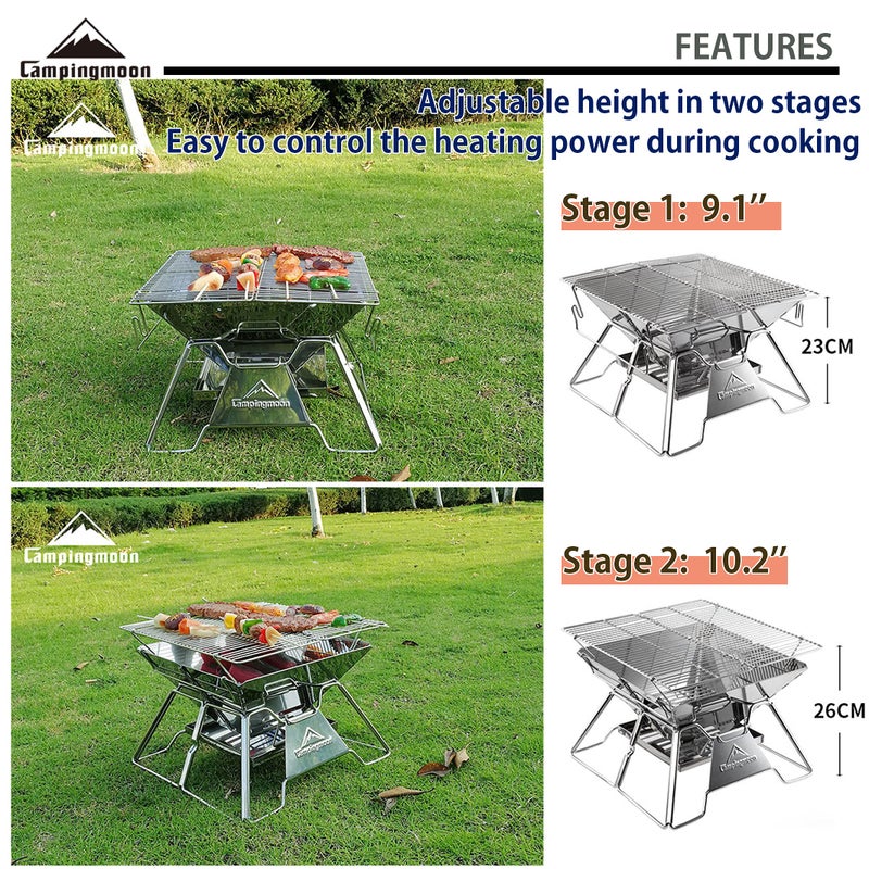 camping moon شواية باربكيو محمولة CAMPINGMOON 14 بوصة من الفولاذ المقاوم للصدأ مع حفرة نار قابلة للطي، ارتفاع قابل للتعديل، للطهي في الهواء الطلق، للتخييم، مع حقيبة حمل MT-2 - Image 4