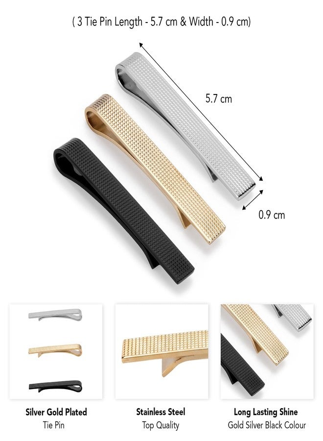 Peora Black Gold Silver Plated Set of 3 Tie Pins Classic Formal Accessories for Men - Image 4