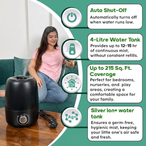 InstaCuppa Ultrasonic Cool Mist Humidifier for Room, Effective Cold & Cough Relief with Moisture Control, Separate Aroma Oil Diffuser Container, Ceramic Balls Water & Cotton Mesh Air Filters, 4 Liter - Image 4