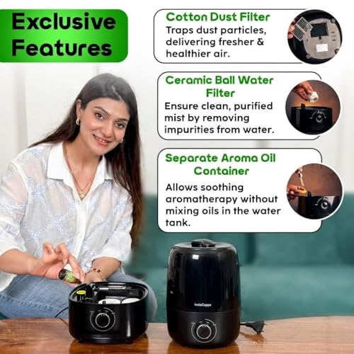 InstaCuppa Ultrasonic Cool Mist Humidifier for Room, Effective Cold & Cough Relief with Moisture Control, Separate Aroma Oil Diffuser Container, Ceramic Balls Water & Cotton Mesh Air Filters, 4 Liter - Image 3