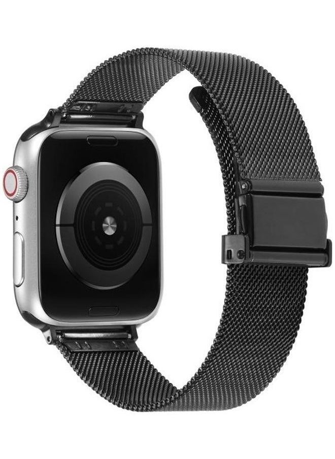 NIBEMINENT - Butterfly Buckle Milanese Metal Replacement Strap Watchband For Apple Watch Series 7/6/SE/5/4/3/2/1 42/44/45mm Black - Image 1