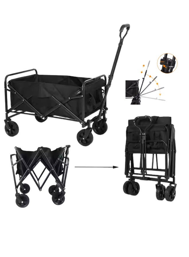Heavy-Duty Folding Wagon Cart – Collapsible Utility Beach & Garden Trolley with Adjustable Handle & 360° Wheels | Large Capacity, Portable for Camping, Picnic, Outdoor Use – Black