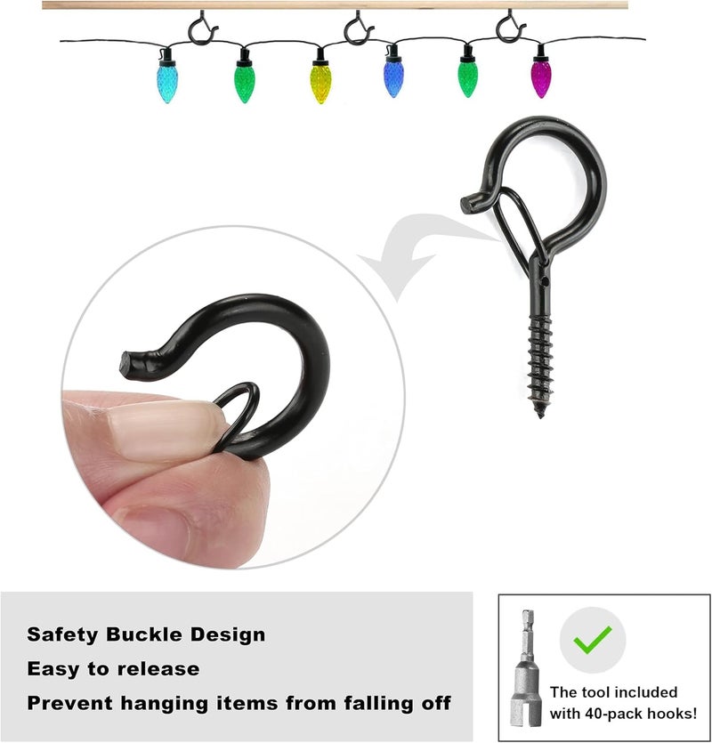 PlusRoc 40 Pack Christmas Light Hooks for Outdoor Seasonal Lighting Hooks, Outdoor Eye Hook Heavy Duty Screw in Q-Hanger, 2.2 Inch Black Cup Hooks, Wall Ceiling Deck Mount - Image 4