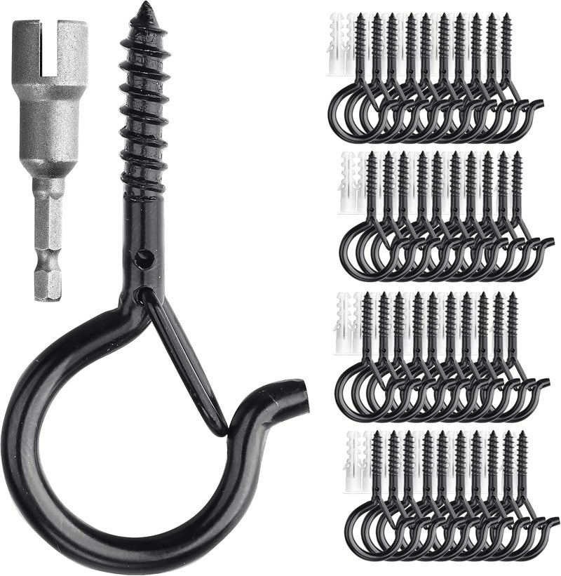 PlusRoc 40 Pack Christmas Light Hooks for Outdoor Seasonal Lighting Hooks, Outdoor Eye Hook Heavy Duty Screw in Q-Hanger, 2.2 Inch Black Cup Hooks, Wall Ceiling Deck Mount - Image 1